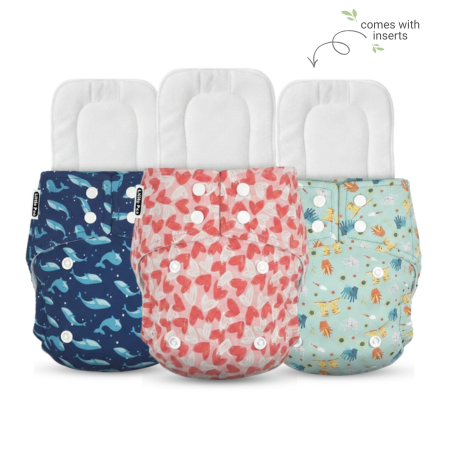 Reusable Cloth Diapers (Pack of 3) – Leak-Proof Pack Of 3 Playful + Heart + Ocean