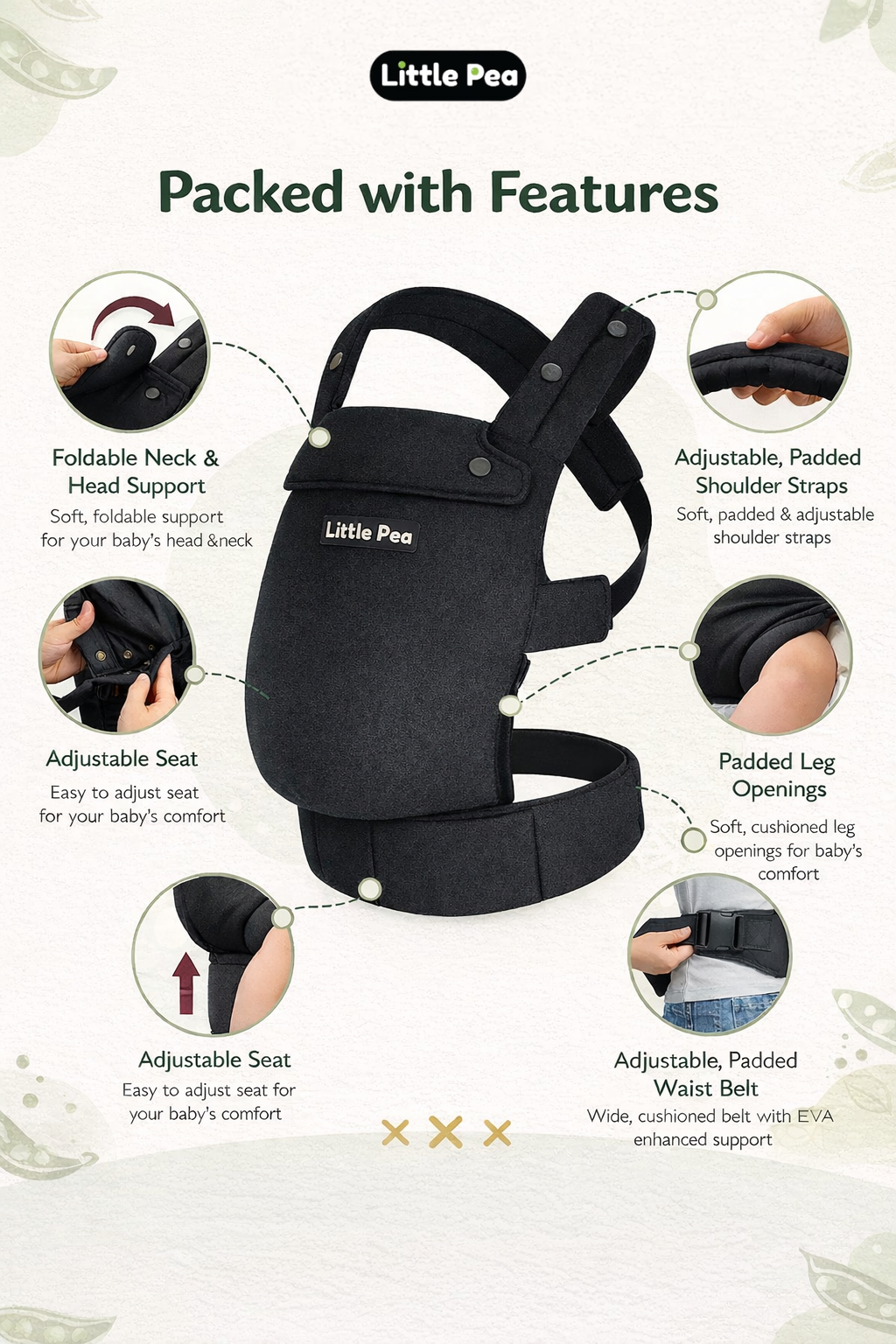 Little Pea All-Day Baby Carrier | Ergonomic, Lightweight & Easy to Wear | Newborn to Toddler (3–18 kg) 100% Cotton