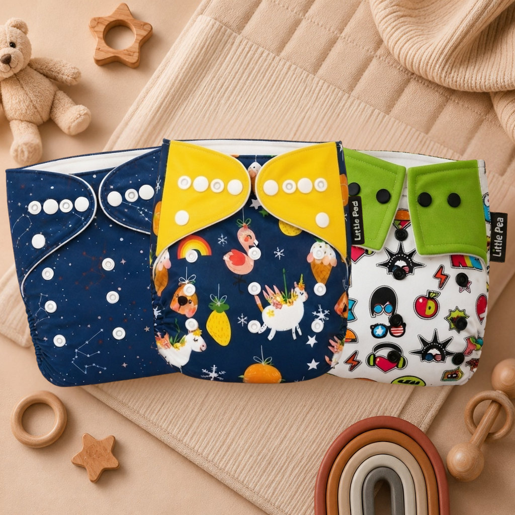 Reusable Cloth Diapers (Pack of 3) – Leak-Proof Blue+Yellow+Green