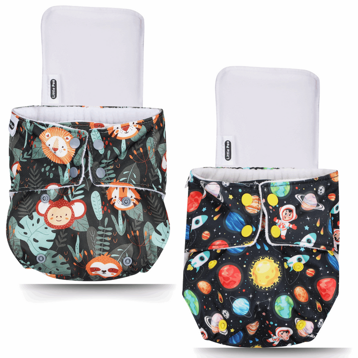 Cloth Diapers with Insert and Free Wet Bag | Jungle Jive + Cosmic Dreams - Pack of 2