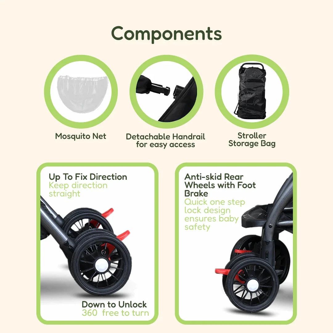 Compact Tour Stroller – Auto Fold, Pull Handle & Mosquito Net
